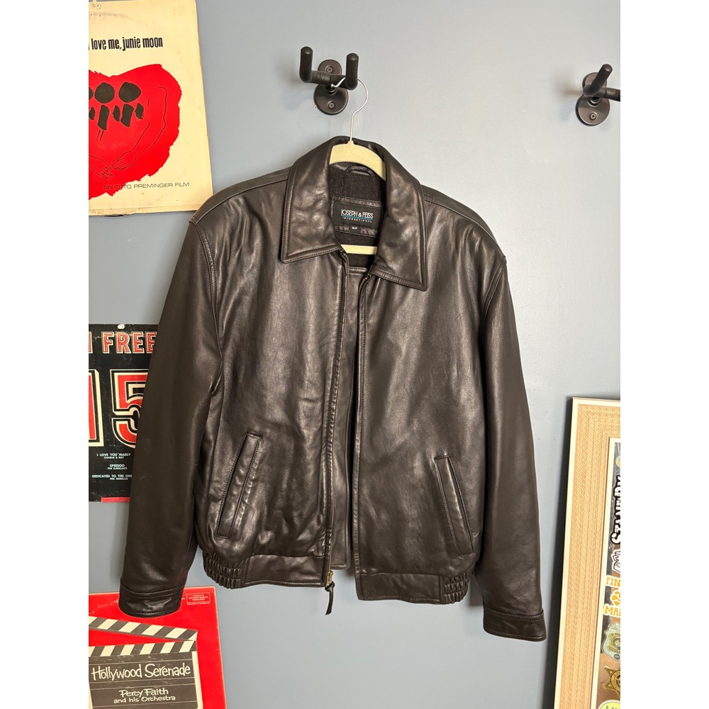 Joseph & Feiss Mens Black Lambskin Leather Bomber Jacket Small Travel Pockets